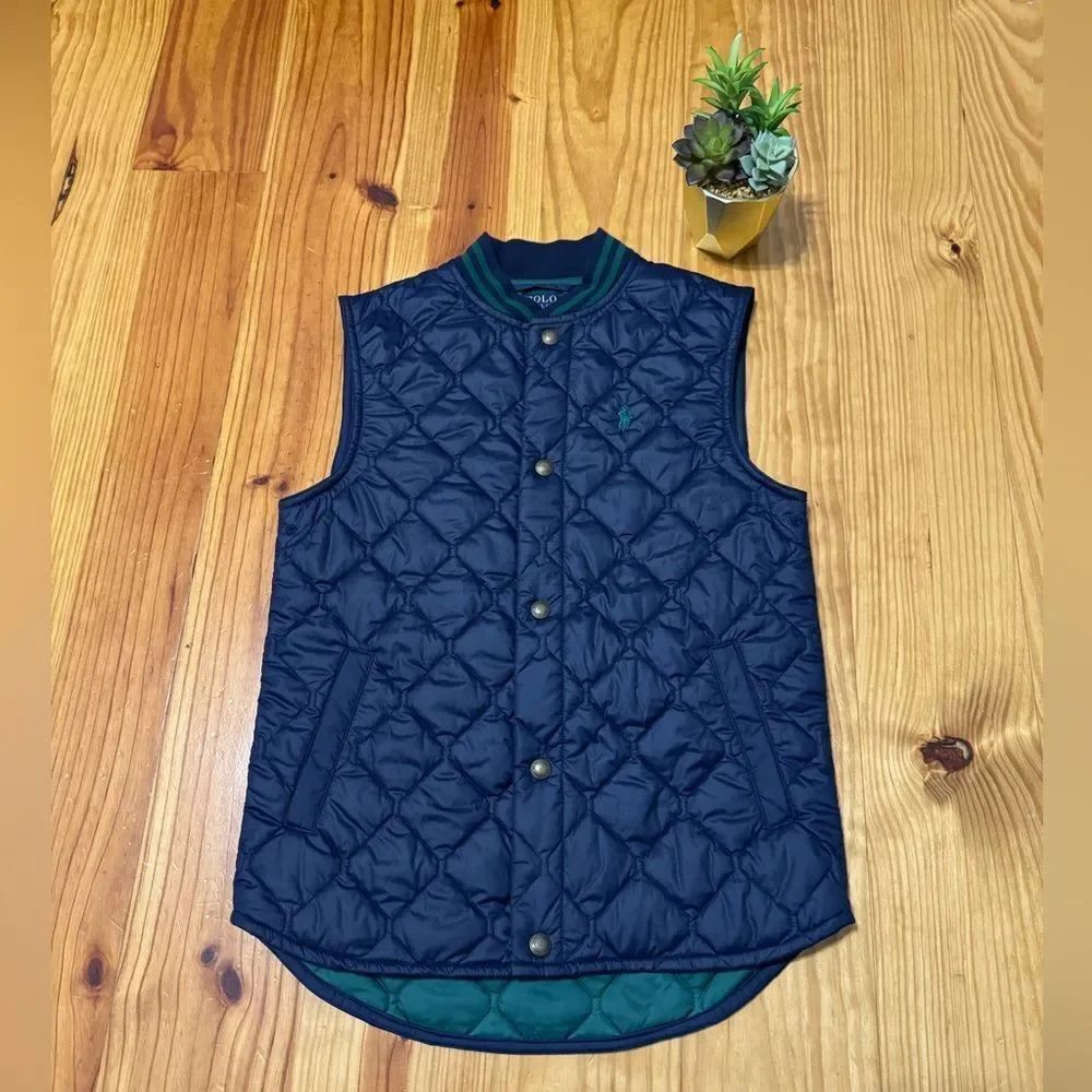 Polo Ralph Lauren Boys'โQuilted Baseball Vest Diamond Navy Blue/Green M(10-12)